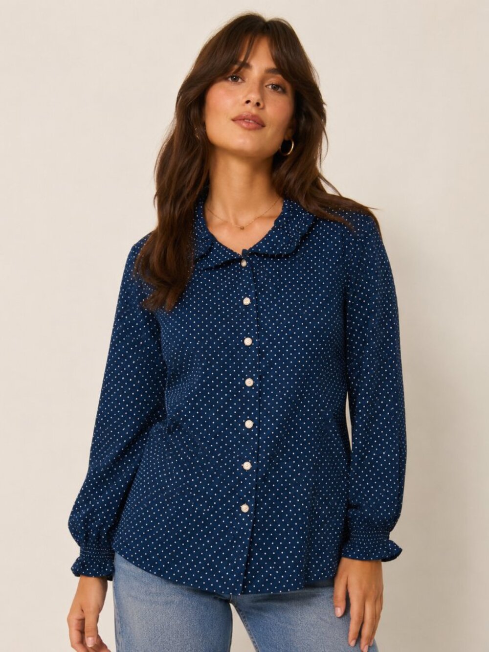 Vintage 1970s Sears Navy Polka Dot Ruffle Collar Blouse Sz M